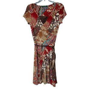 Lauren Ralph Lauren Dress Med P Midi Short Sleeve Stretch Faux Wrap Patchwork